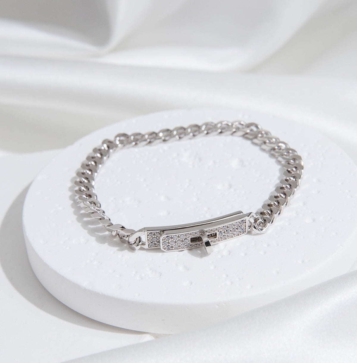 Hermes Kelly Chain Silver Cubic Zirconia Bracelet