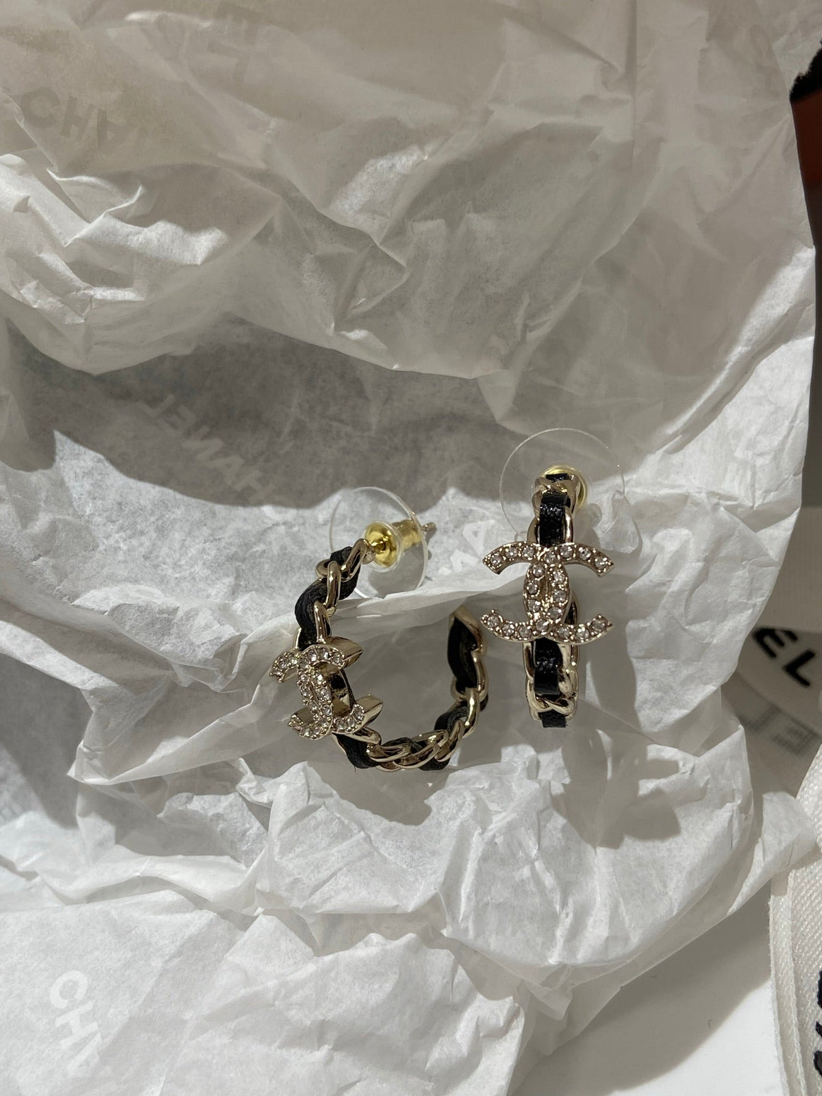 Chanel Half Circle Gold Black Leather Earrings