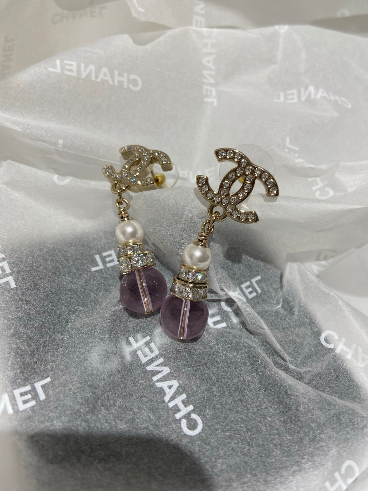 Chanel Pink Crystal Gold Pearl Earrings