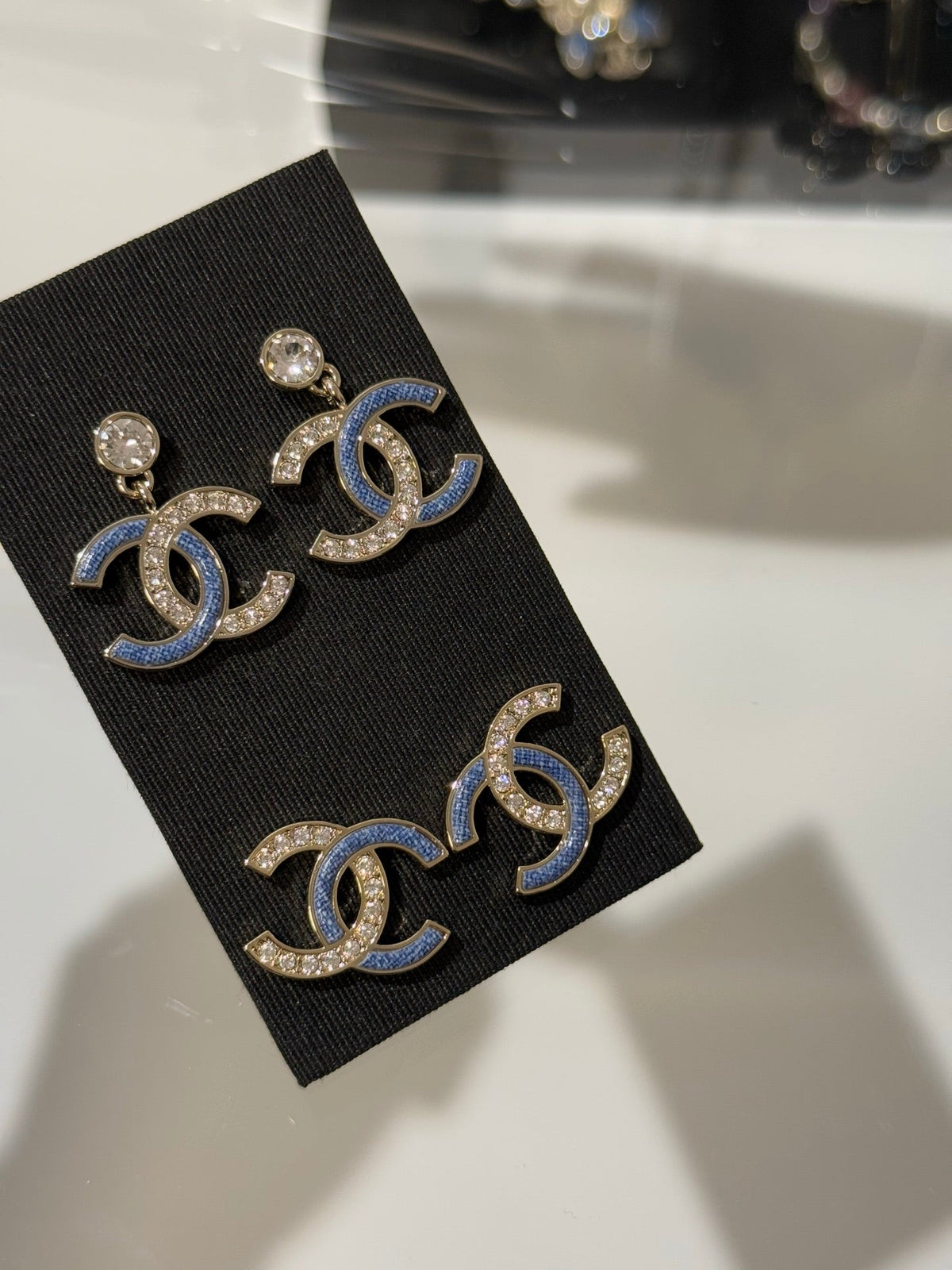 Chanel 2026 Light Gold Denim Patchwork Crystal Double C Stud Earrings