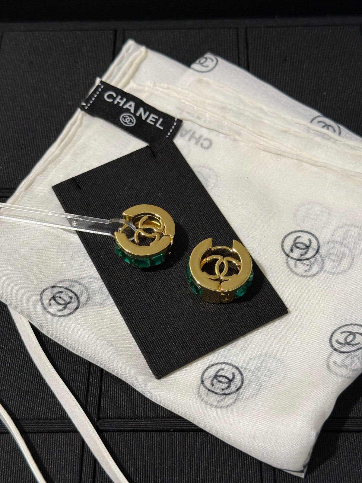 Chanel 2026 Emerald Square Diamond Gold Double C Hoop Stud Earrings