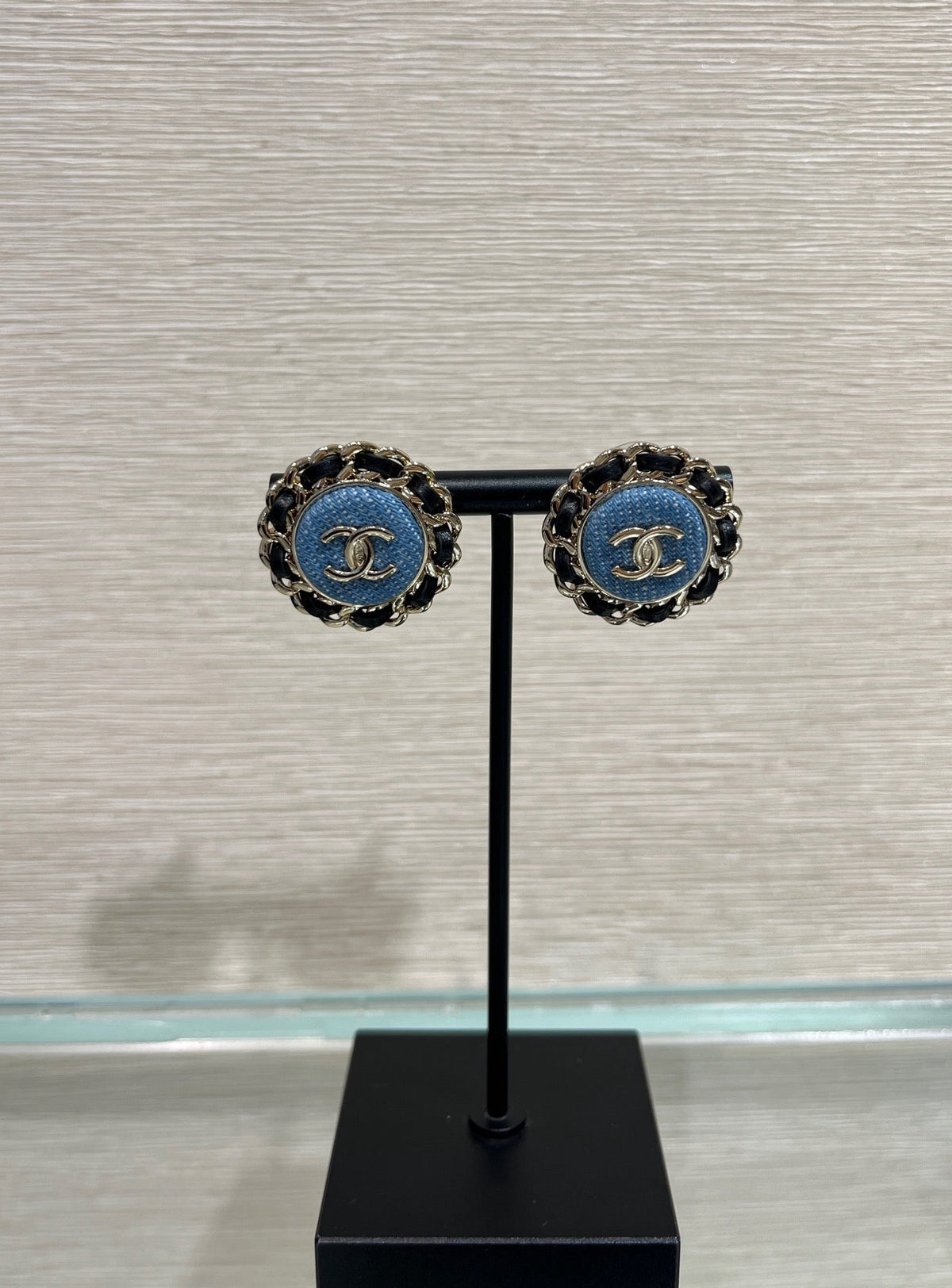 Chanel Gold Double C Leather-Threaded Chain Denim Round Stud Earrings